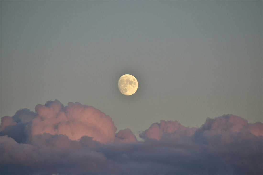 A winter full moon shining above a quiet landscape, soft light creating a calm, reflective mood.