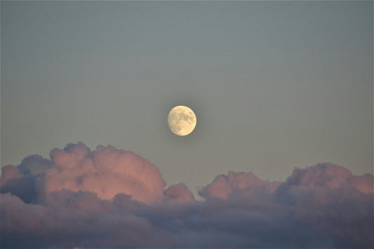 A winter full moon shining above a quiet landscape, soft light creating a calm, reflective mood.