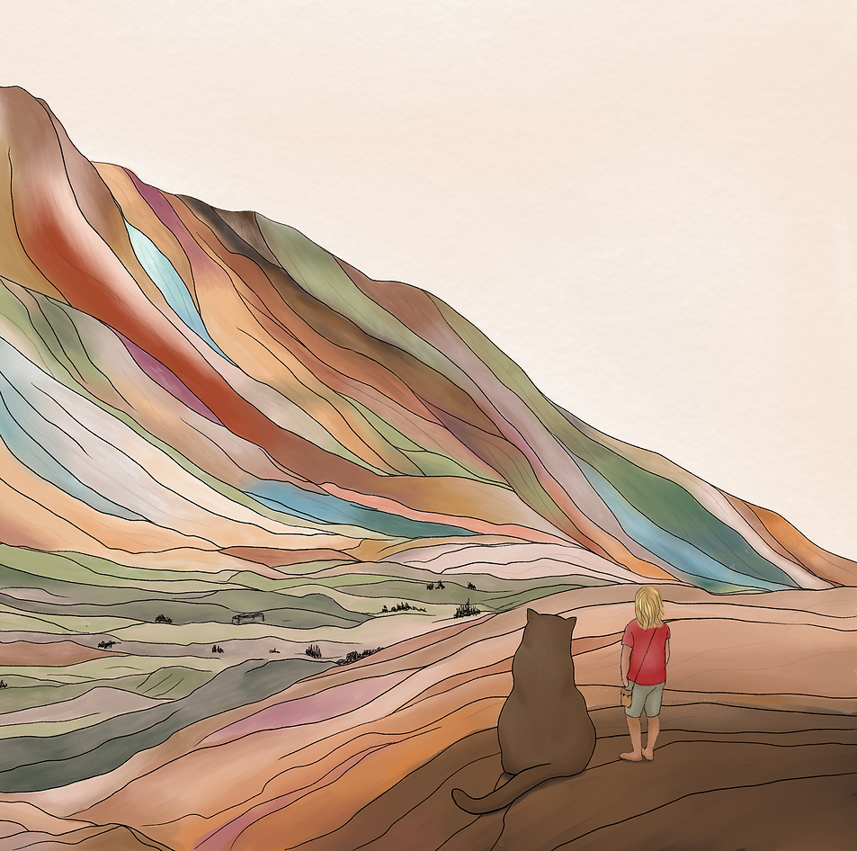 Otto & Bear walking across Peru’s Rainbow Mountains beneath bright woven skies
