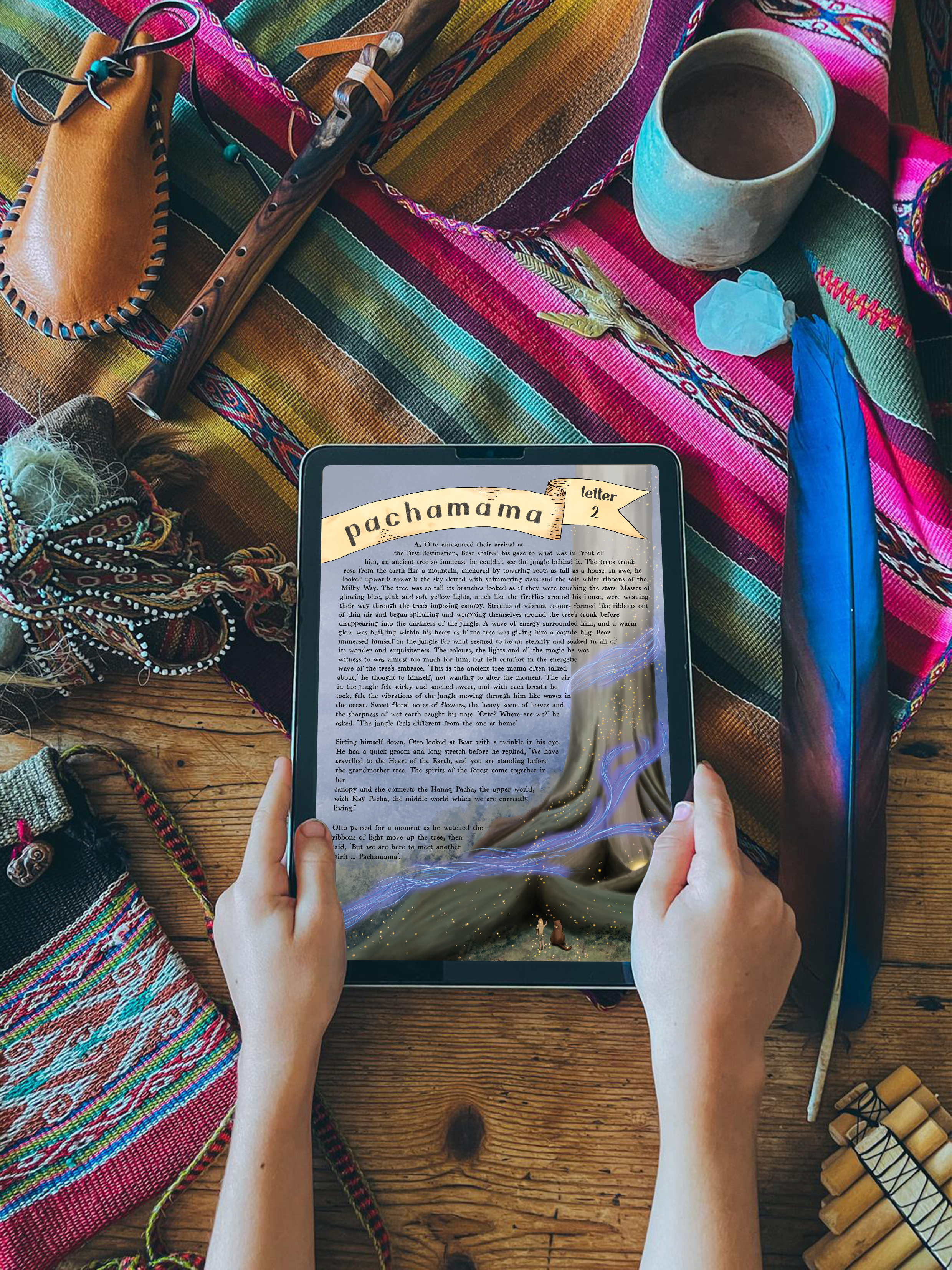 Illustrated letter from Otto & Bear displayed on an iPad beside feathers and earth-coloured fabrics