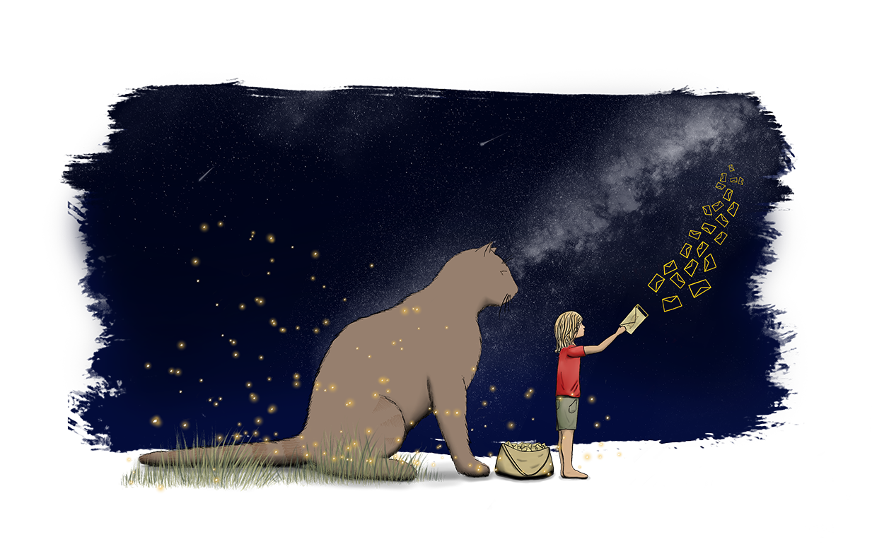 Illustration of Otto & Bear releasing digital story letters into the luminous aether